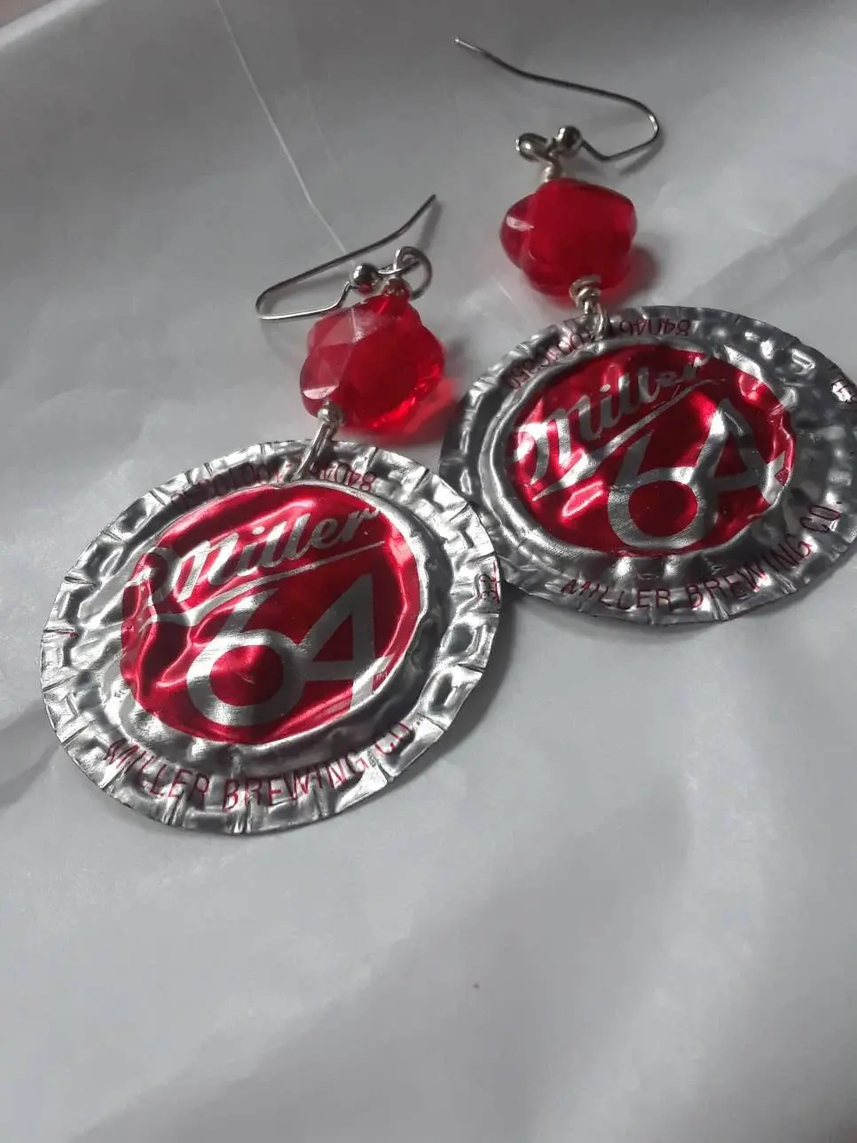 red and silver beer cap earrings