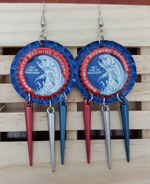 red white and blue beer cap earrings with fish