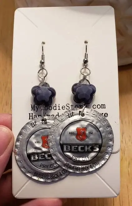 recycled beer cap earrings, grey and black