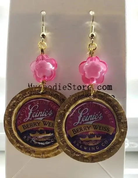 gold and pink beer cap earrings with pink beads