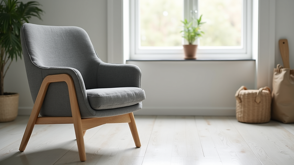 Close-up view of a secondhand grey hoekbank with wooden legs in a bright room