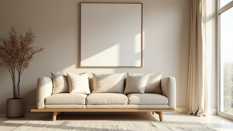 Eye-level view of a modern beige hoekbank in a minimalistic living room