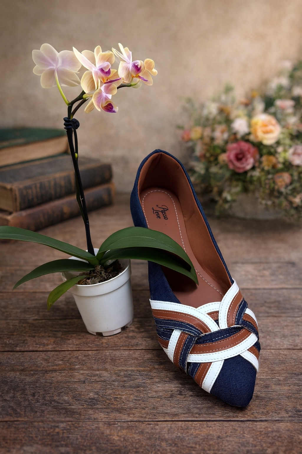 Sapatilha Estella Azul Jeans, calçado azul com detalhes em branco e marrom. Lindas flores.