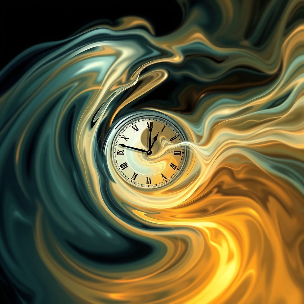 A traditional clock featuring Roman numerals is surrounded by swirling waves of blue and gold, representing the fluid and constantly changing nature of time.