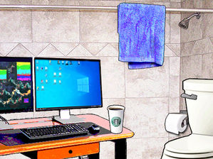 A humorous image of a home office set up in a bathroom