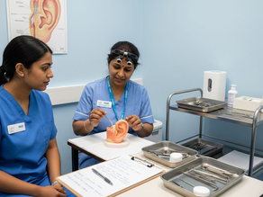 Health professionals training with ear wax removal tools
