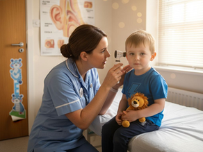 Nurse gently checking child’s ear in clinic