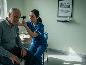 Nurse examining patient’s ear in clinic