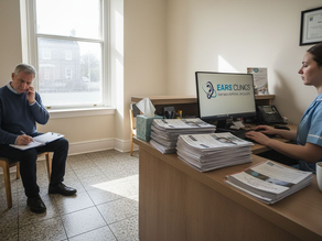 Patient in ear clinic waiting at reception