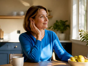 Woman gently touching outer ear, relaxed expression