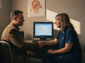 Audiologist greeting patient in ear clinic