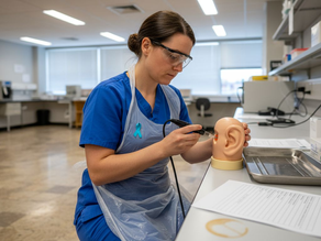 Clinician demonstrates microsuction technique in training room