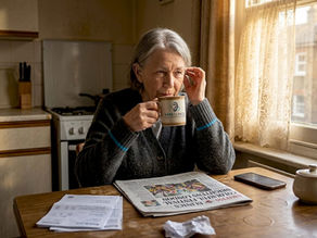 Older woman adjusts hearing aid at kitchen table