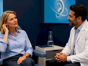 Patient and practitioner discussing ear health in clinic