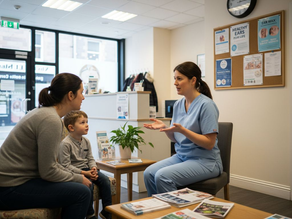 Family at ear cleaning clinic in Glasgow lobby
