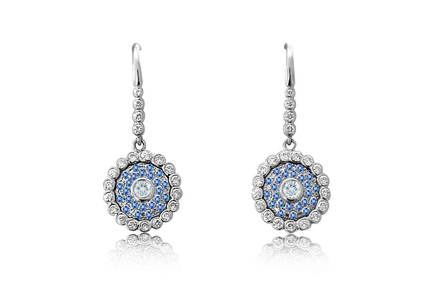 Evil Eye Intense Blue Sapphire Diamond White Gold Earrings