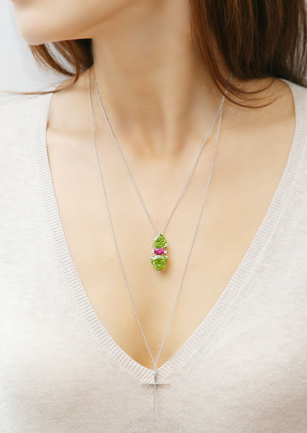 Thumbnail: Peridot Pink Tourmaline White Diamond Pendant