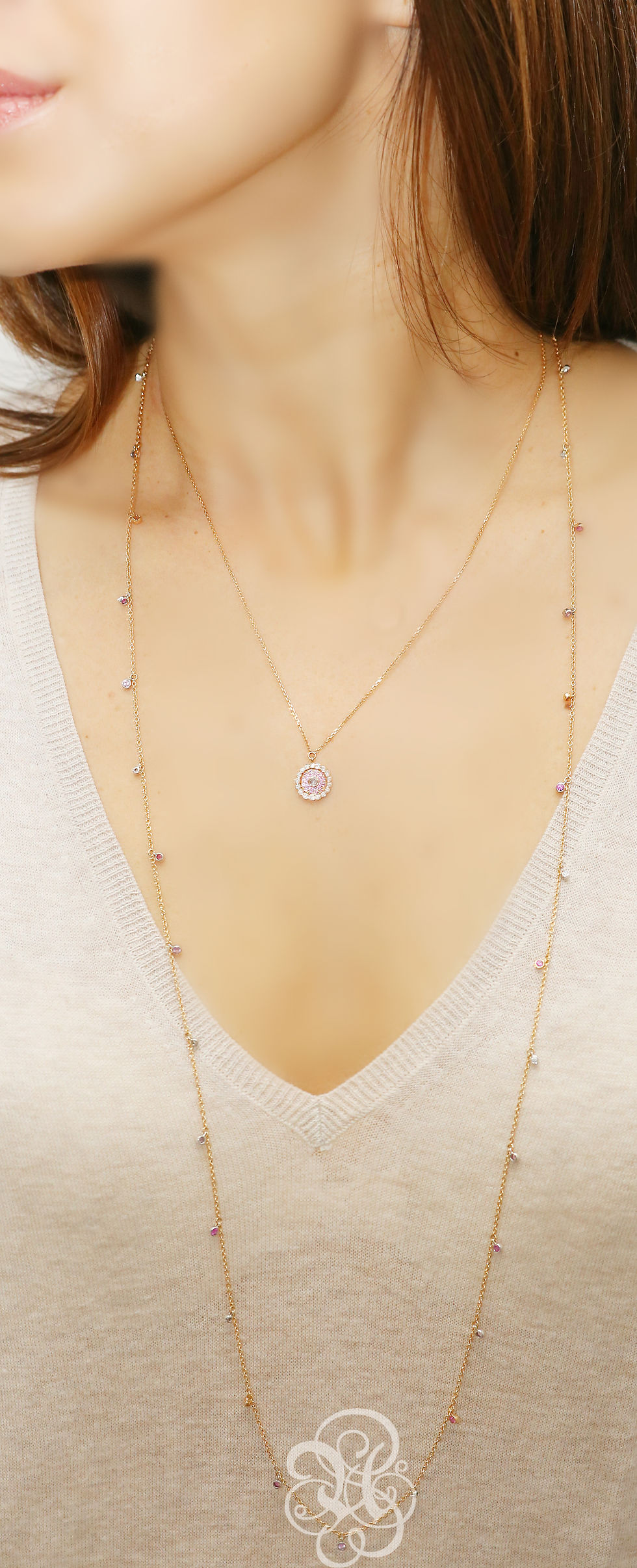 Thumbnail: Evil Eye Light Pink Sapphire White Diamond Rose Gold Necklace
