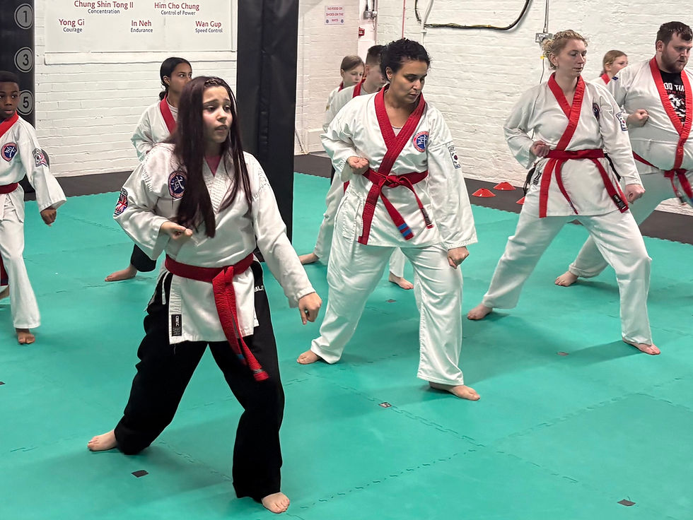 Martial arts class in a dojo: students in white uniforms with red belts hold stances on green mats, focused under wall text.