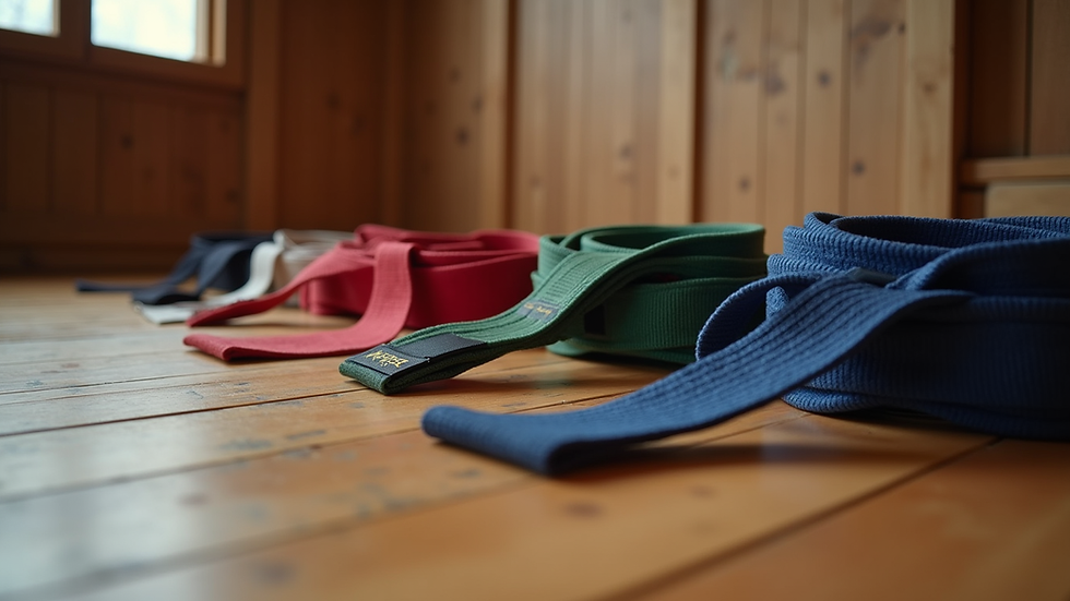 Close-up view of martial arts belts arranged on a wooden floor