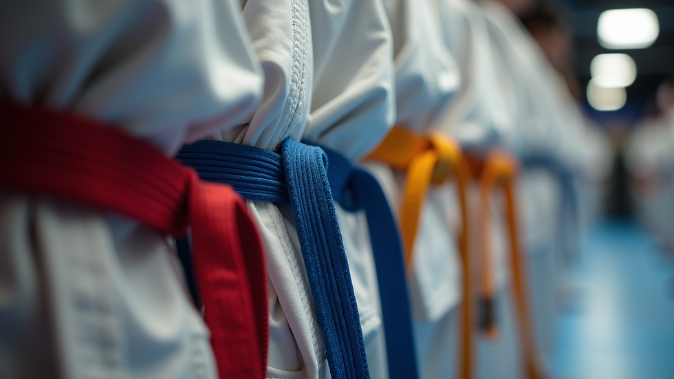 Close-up view of martial arts belts lined up at NMFMA Centre