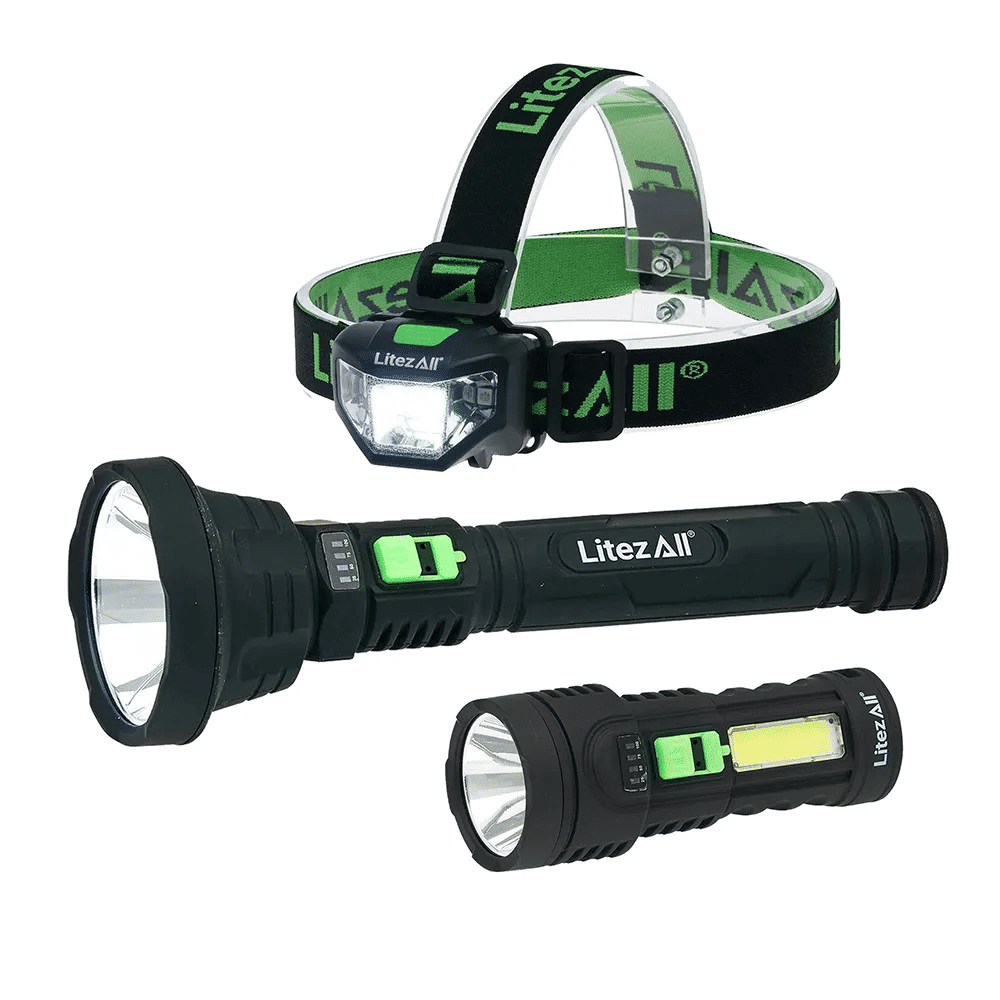 3-Piece Rechargeable Torch & Head Torch Set - 1000LM