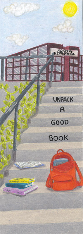 Backpack with books on steps with the words "Unpack a good book."