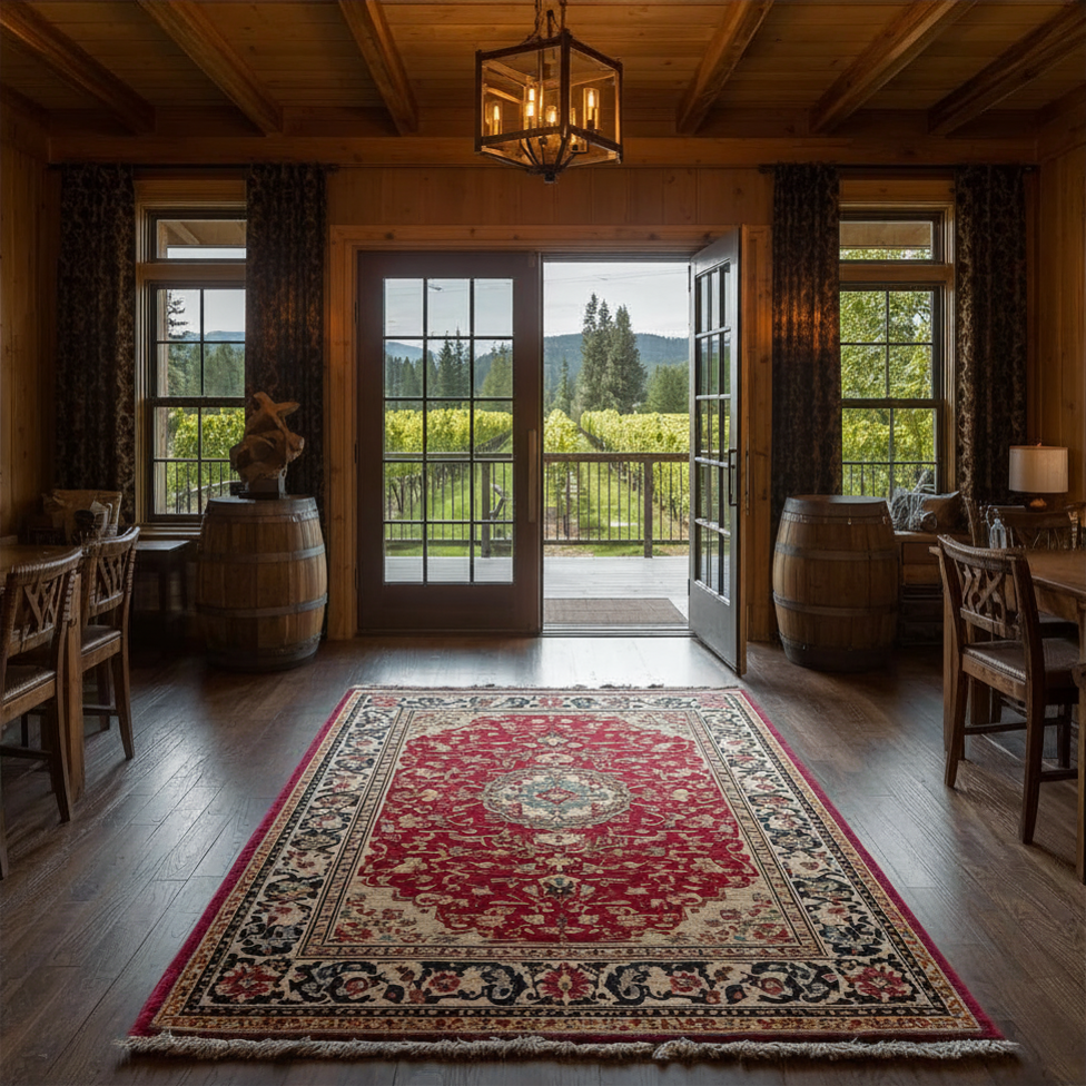 wool rug cleaning in private Okanagan BC vineyard tasting room using professional deep extraction cleaning process.