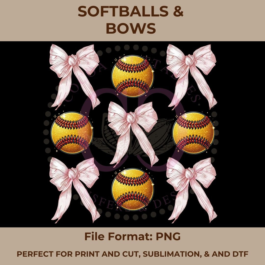 Softballs and Bows Glitter PNG Digital File