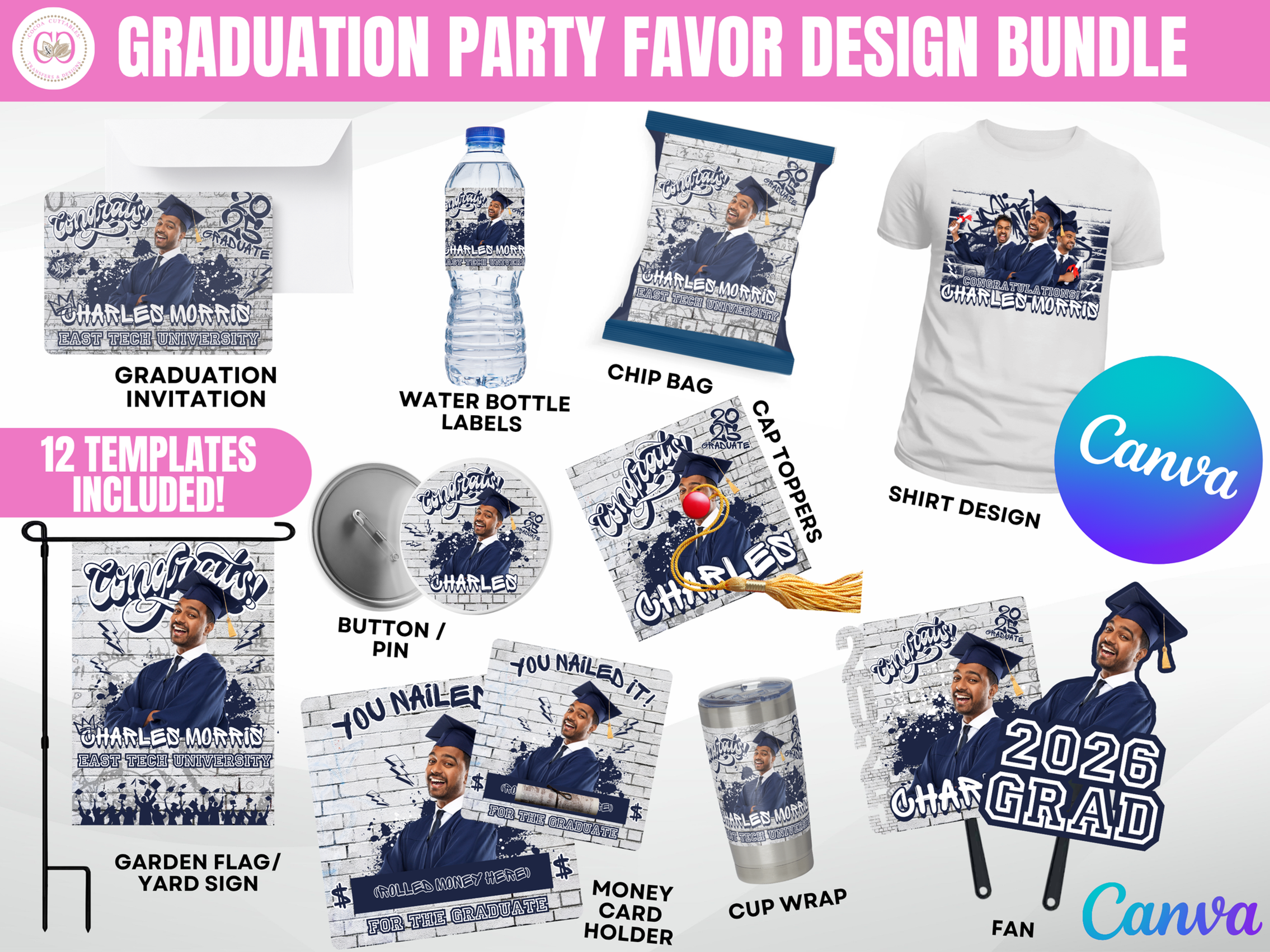 Graduation Party Favor Template Blue Graffiti Bundle Editable Canva Digital File