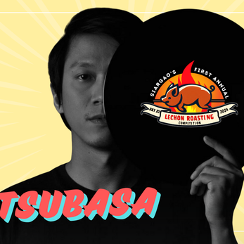 Tsubasa is facing the portrait camera in black and white holding a vinyl disc that covvers part of his face. ON the vinyl disc is a logo of the lechon roasting competition 