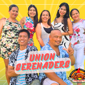 Seven band members are dressed in hawaiian t shirts in a pose for their musical poster for the lechon roasting competition 