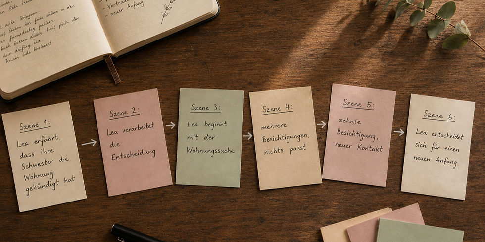 Sechs handgeschriebene Notizzettel auf Holzschreibtisch zeigen Leas Wohnungssuche von Kündigung bis neuem Anfang.