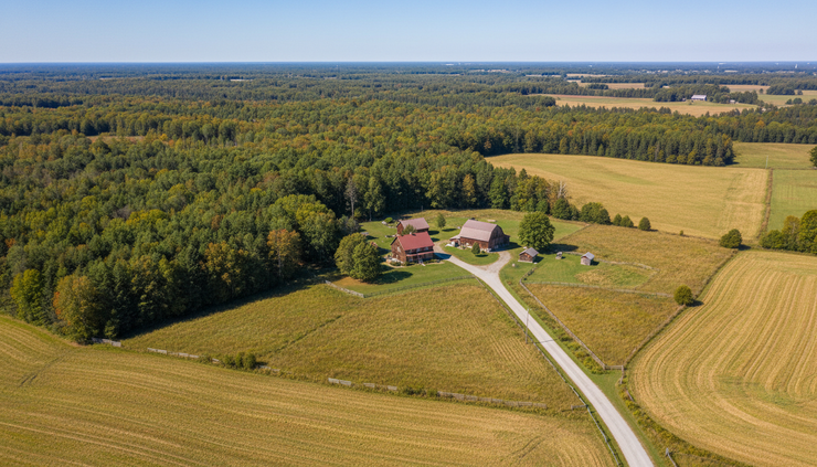 Aerial view of a wooded rural parcel with a marked clearing and driveway path.