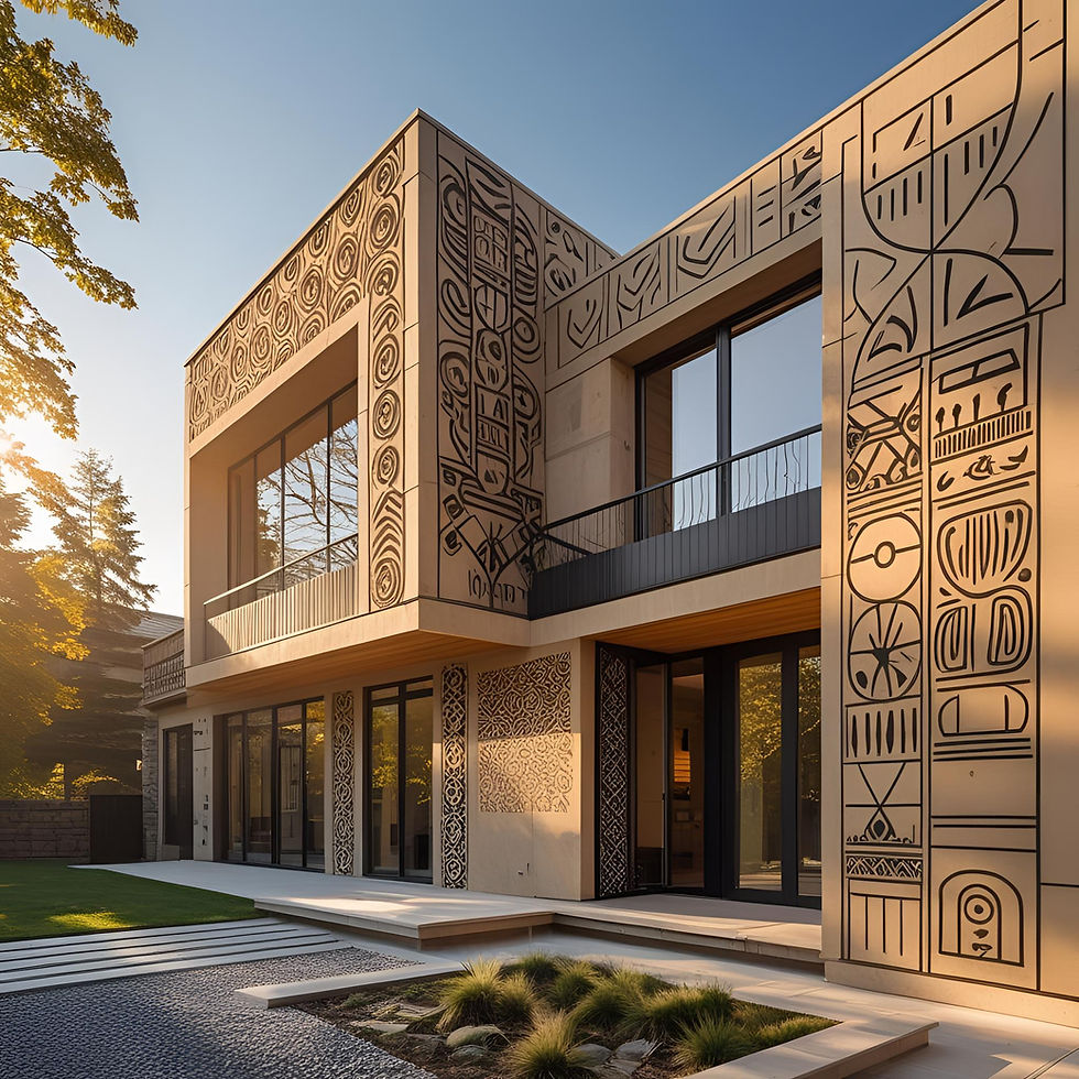 Fusion of African architecture with modern design, symbolic patterns on walls, sunlit exterior in Canada