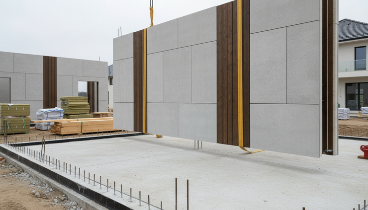 Close-up view of a modular wall section being placed onto a prepared foundation at a residential development site
