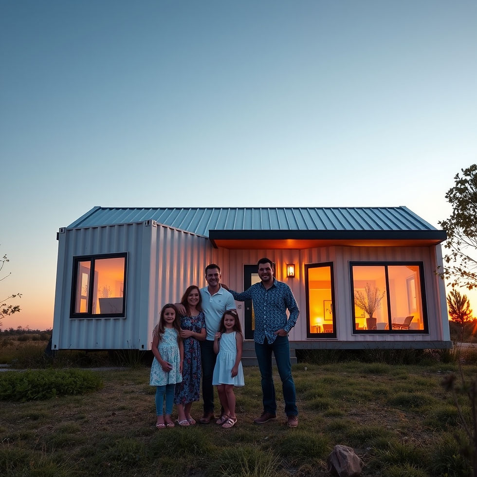 Family standing proudly in front of new modern home, golden hour, emotional moment