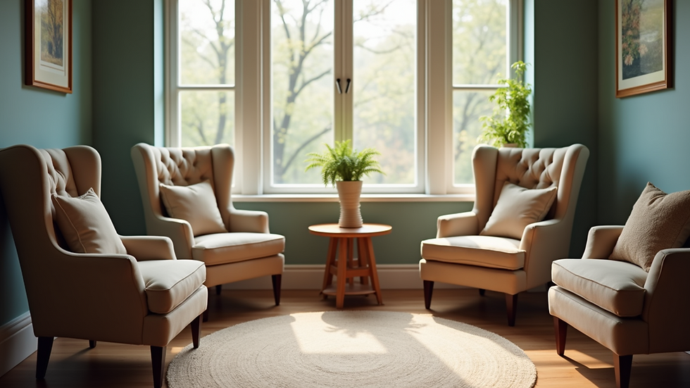 Eye-level view of a cozy counseling room with comfortable chairs and soft lighting