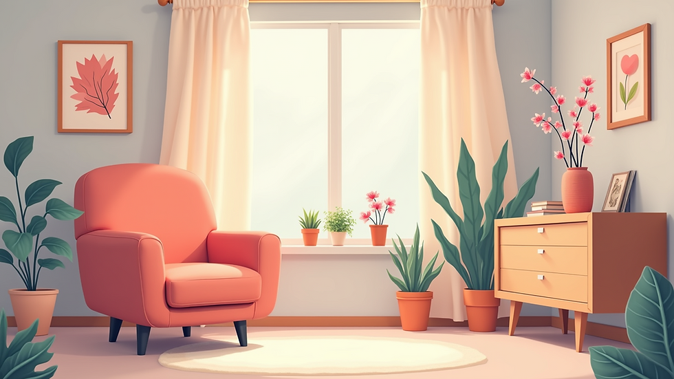 Eye-level view of a cozy therapist's office with a comfortable chair and soft lighting