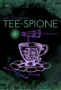 Auf dunklem Grund, der oben und unten von illustrierten, grünen Blättern verziert ist, sieht man in der Mitte die fliederfarbene Zeichnung einer filigranen Teetasse auf einer Untertasse, mit einem lilalen Löffel links daneben und einem ebenso lilanen Fernrohr, das auf einer Stange aus der Tasse ragt. Am schmaleren Ende des Fernrohrs sieht man ein grünes Auge mit Strahlenkranz, auf der anderen Seite, erneut lila, den Text: "Schattenspiele 3".
Darüber sieht man in hellgrün den Titel "Tee-Spione", unter wiederum darüber, lila: "Judith & Christian Vogt". Unter der Untertasse folgt das ebenfalls lilafarbene Verlagslogo.