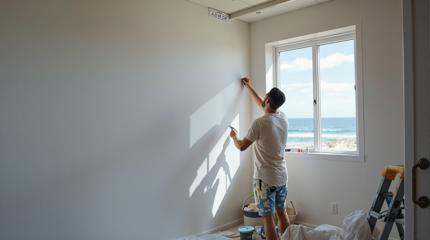 Persona pintando una pared interior con color blanco en casa de estilo costero, mostrando mejora estética antes de vender.