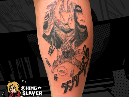 Black and white Dandadan manga panel mash-up tattoo featuring expressive characters and supernatural action, capturing the energy and detail of the manga’s unique style.