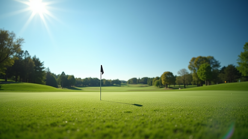 Eye-level view of a golf course with a clear blue sky