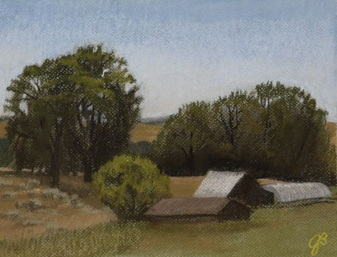 barn sitting between large trees