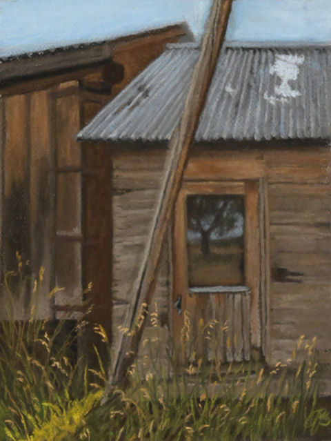 old shack with telephone pole