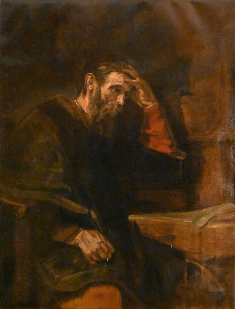 Classical painting of a bearded man in deep thought.
