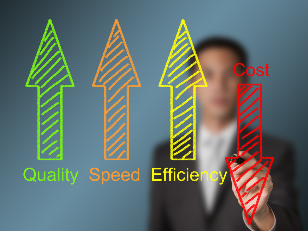 business man writing industrial product and service improvement concept of increased quality - speed - efficiency and reduced cost