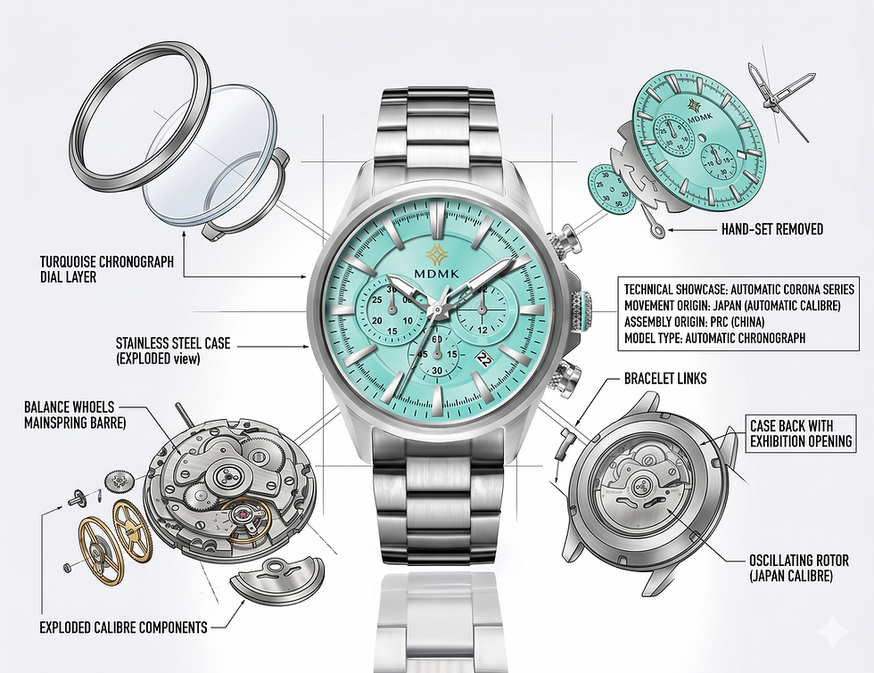 Exploded diagram of an automatic chronograph watch with turquoise dial, perfect for a dress watches online store.