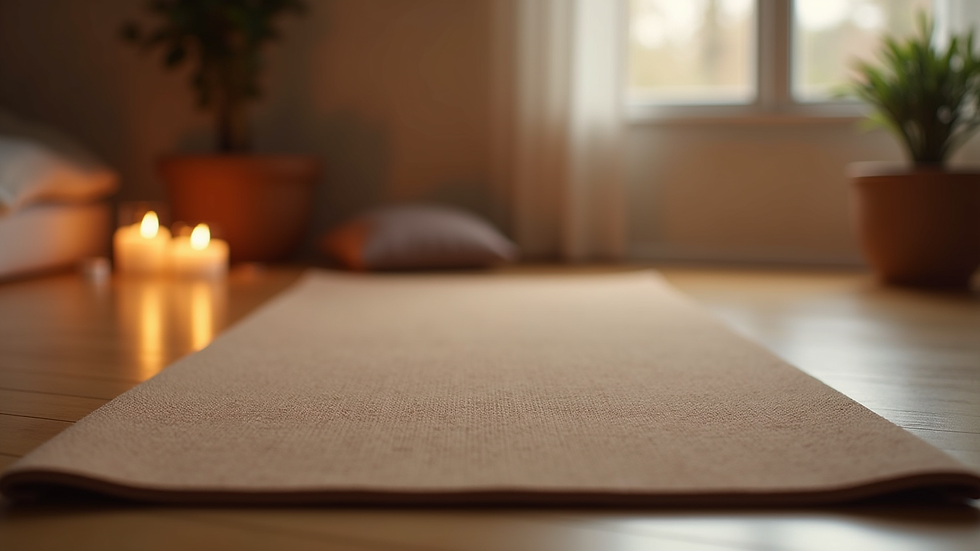 Eye-level view of a yoga mat and candles in a cozy room