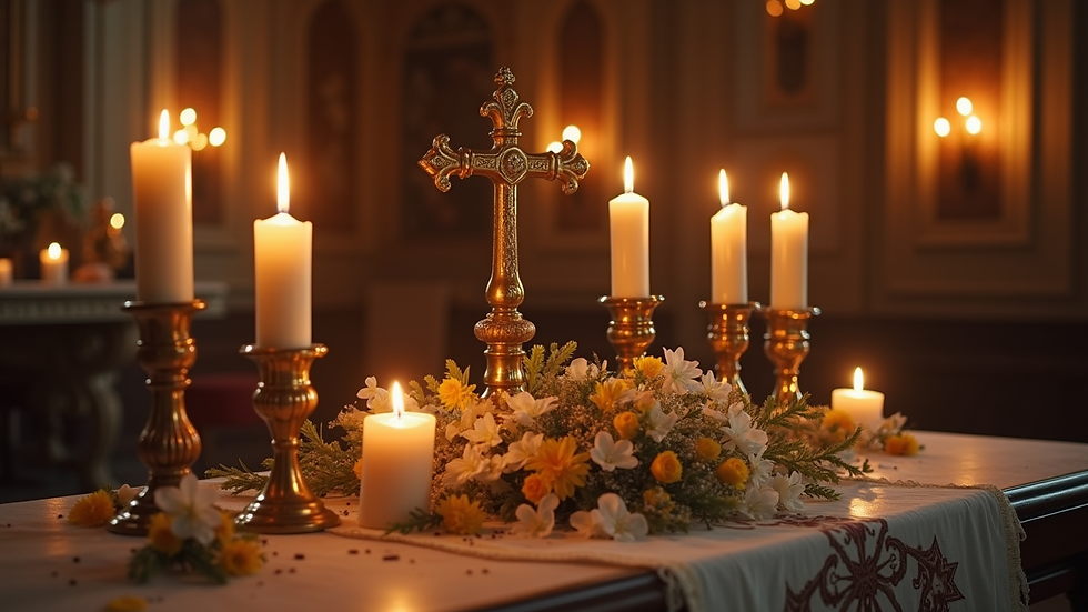 Close-up de altar com cristais, velas e ervas para rituais ancestrais